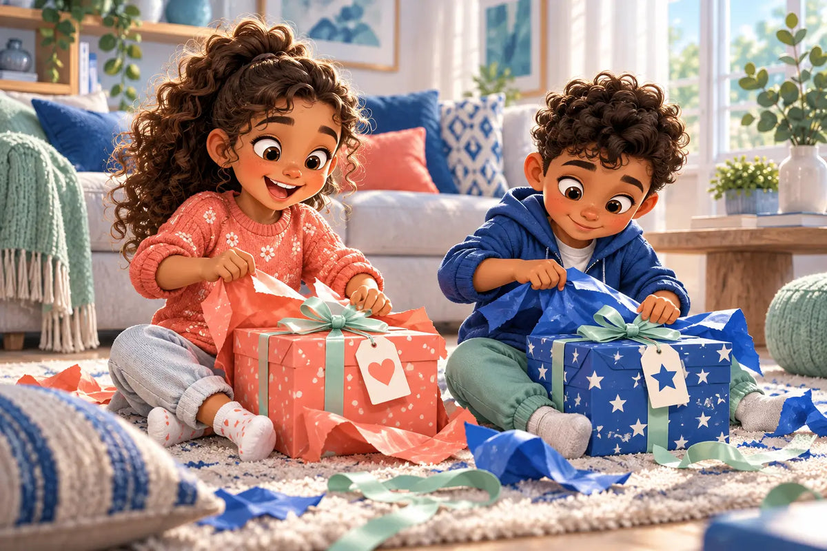 Des jumeaux, un garçon et une fille, ouvrent chacun un cadeau emballé différemment
