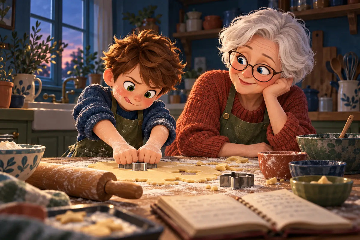 Une grand-mère et son petit-fils préparent des biscuits ensemble dans la cuisine familiale