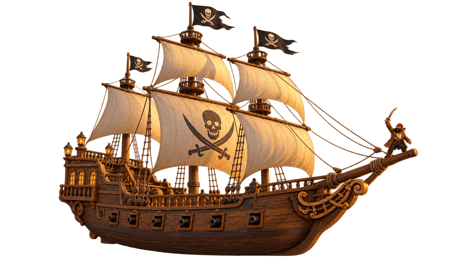 Un bateau pirate avec le capitaine sur la proue brandissant une épée