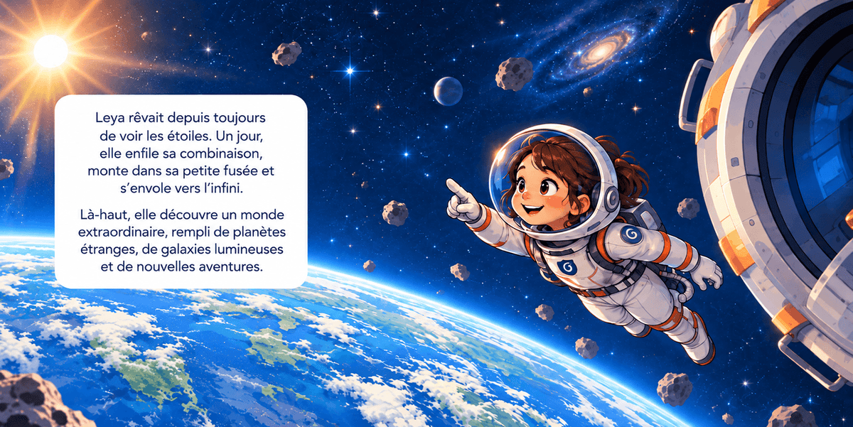 extrait d'un livre Dreemax où on voit une double page d'un livre d'une fillette dans l'espace