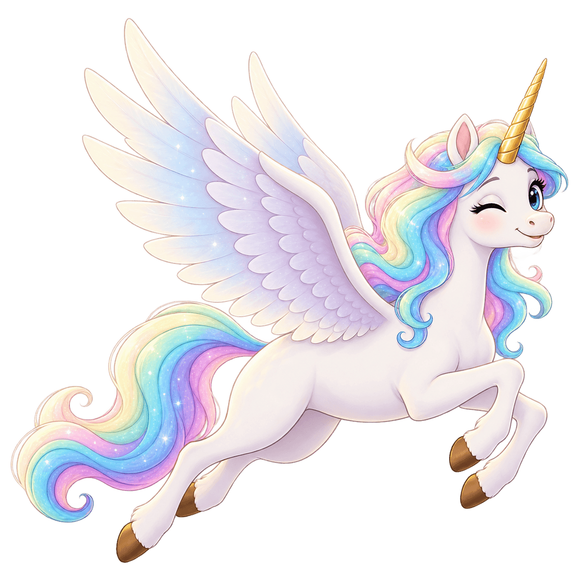 Une licorne aux couleurs de l'arc-en-ciel vole dans le ciel